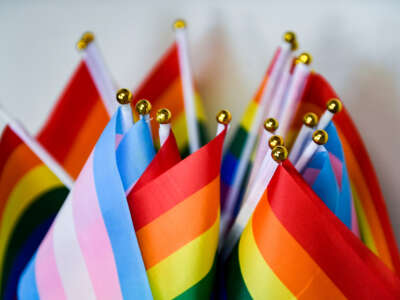 A detail photo of a collection of small Pride flags at the LGBT Center of Greater Reading in Reading, Pennsylvania, on April 6, 2021.
