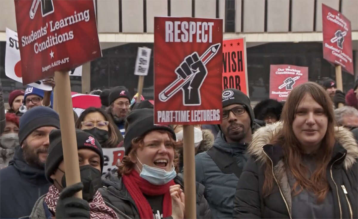 Demonstrators rally outside the Rutgers Board of Governors meeting in Newark, New Jersey, on February 28, 2023.