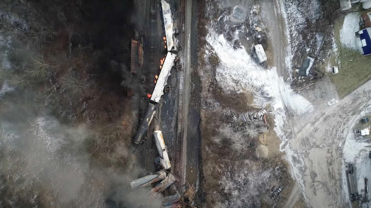 An aerial view of the East Palestine train disaster