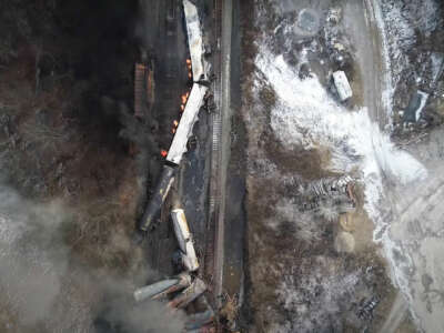 An aerial view of the East Palestine train disaster