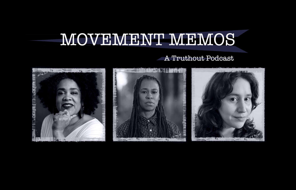 Banner for Movement Memos, a Truthout Podcast, featuring portraits of guests Cara Page and Erica Woodland and host Kelly Hayes