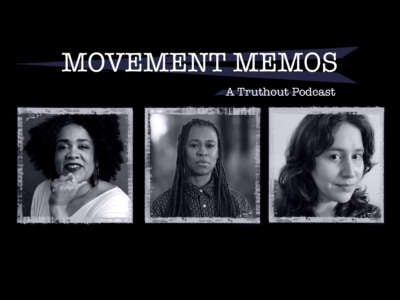 Banner for Movement Memos, a Truthout Podcast, featuring portraits of guests Cara Page and Erica Woodland and host Kelly Hayes