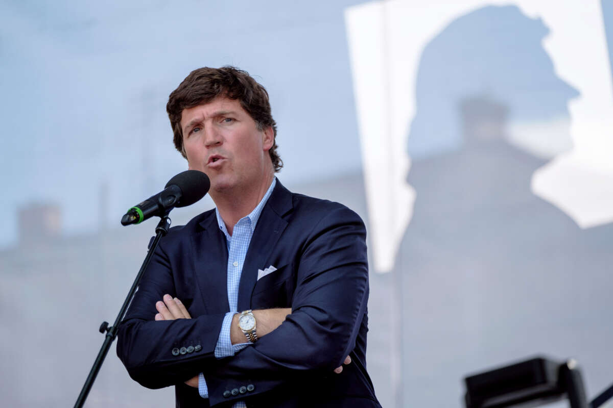 Tucker Carlson speaks during the Mathias Corvinus Collegium Feszt on August 7, 2021, in Esztergom, Hungary.