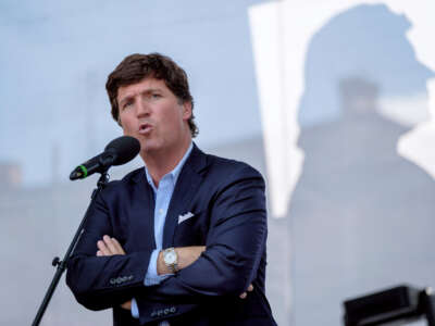 Tucker Carlson speaks during the Mathias Corvinus Collegium Feszt on August 7, 2021, in Esztergom, Hungary.