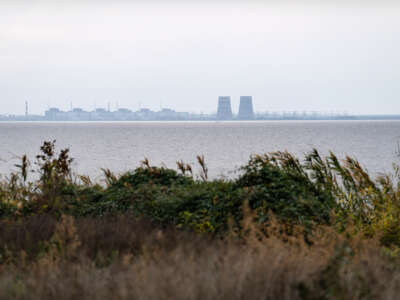 A distant view of the Zaporizhzhia Nuclear power plant