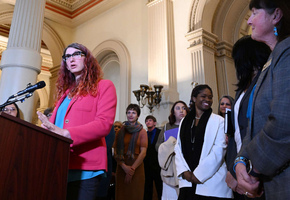 Rep. Brianna Titone, Colorado's first trans lawmaker, spoke to the media supporting a package of bills to protect abortion and reproductive rights during a press conference in the West Foyer at the Colorado State Capitol on March 9, 2023, in Denver, Colorado.