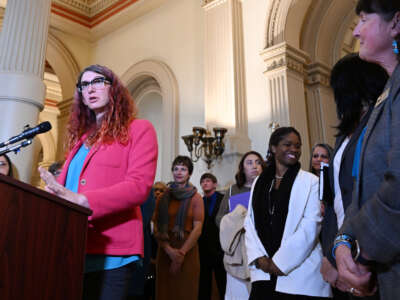 Rep. Brianna Titone, Colorado's first trans lawmaker, spoke to the media supporting a package of bills to protect abortion and reproductive rights during a press conference in the West Foyer at the Colorado State Capitol on March 9, 2023, in Denver, Colorado.