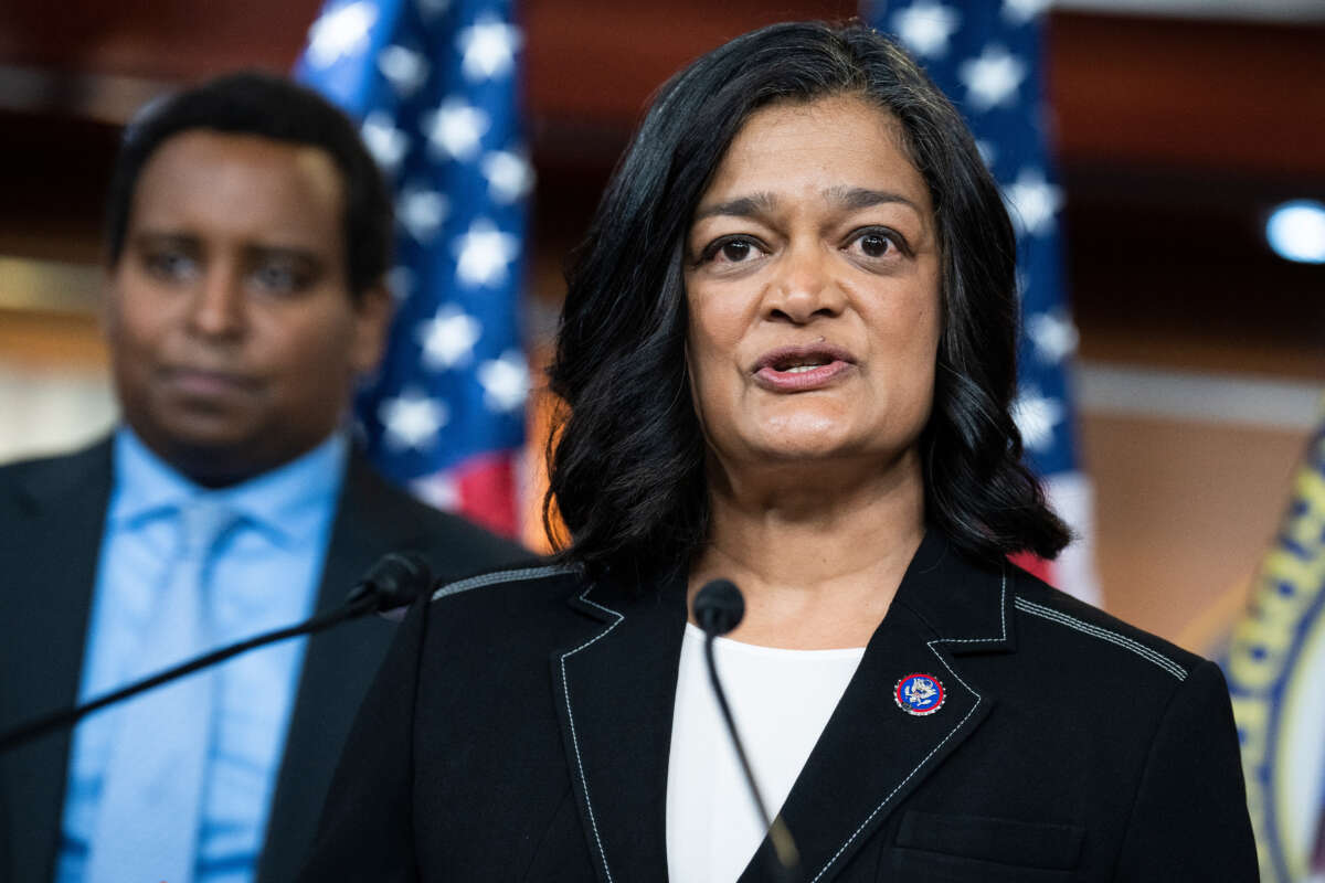 Rep. Pramila Jayapal conducts a news conference in the Capitol Visitor Center on April 7, 2022.