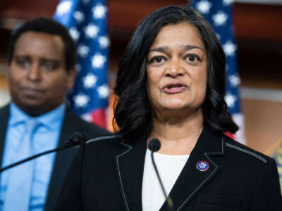 Rep. Pramila Jayapal conducts a news conference in the Capitol Visitor Center on April 7, 2022.