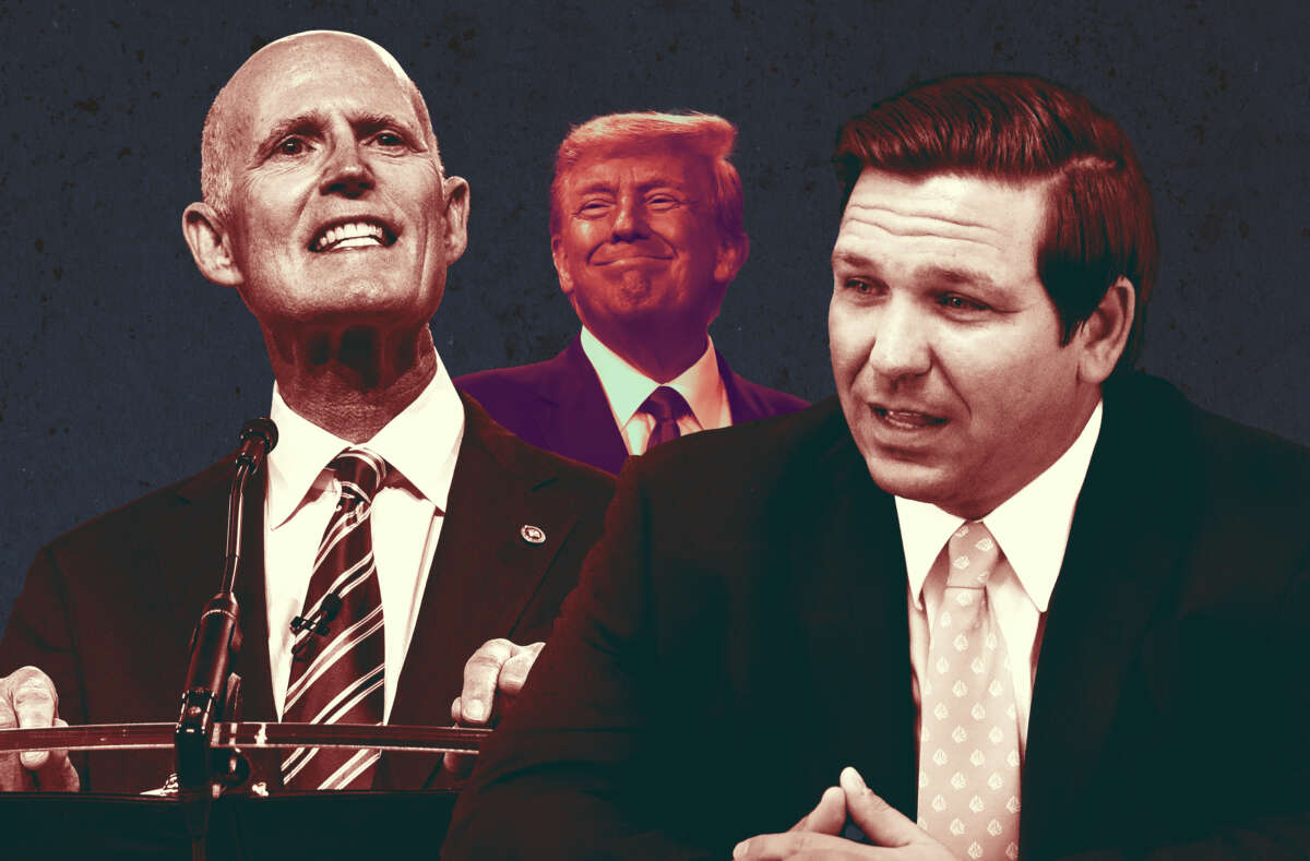 From left, Sen. Rick Scott, former President Donald Trump and Florida Gov. Ron DeSantis.