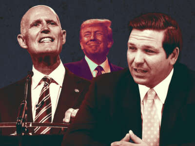 From left, Sen. Rick Scott, former President Donald Trump and Florida Gov. Ron DeSantis.