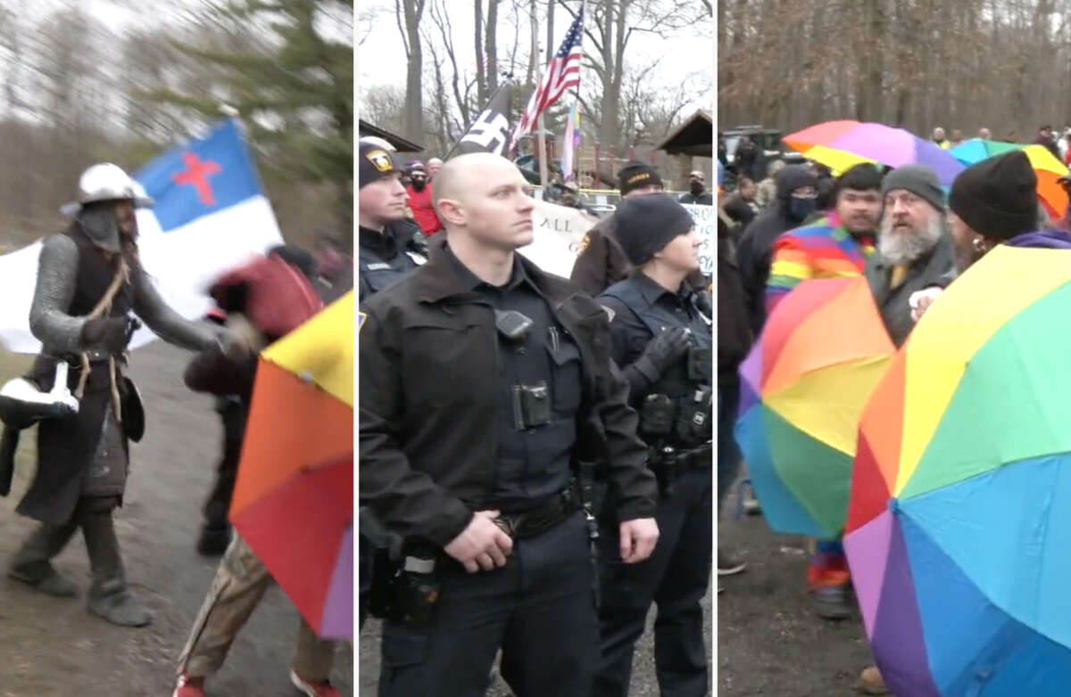 Screenshots from video of anti-drag protesters and activists defending an event in Wadsworth, Ohio.