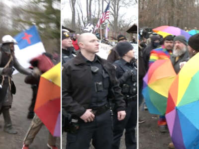 Screenshots from video of anti-drag protesters and activists defending an event in Wadsworth, Ohio.