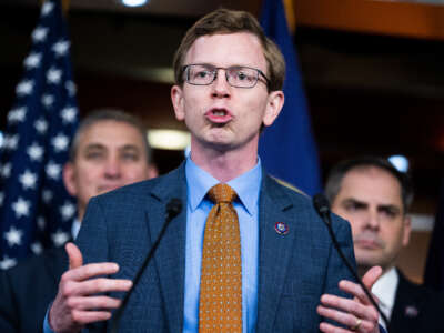 Rep. Dusty Johnson speaks during a news conference in the Capitol Visitor Center on January 11, 2023.