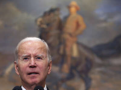 Joe Biden stands bewildered before a painting of Teddy Roosevelt