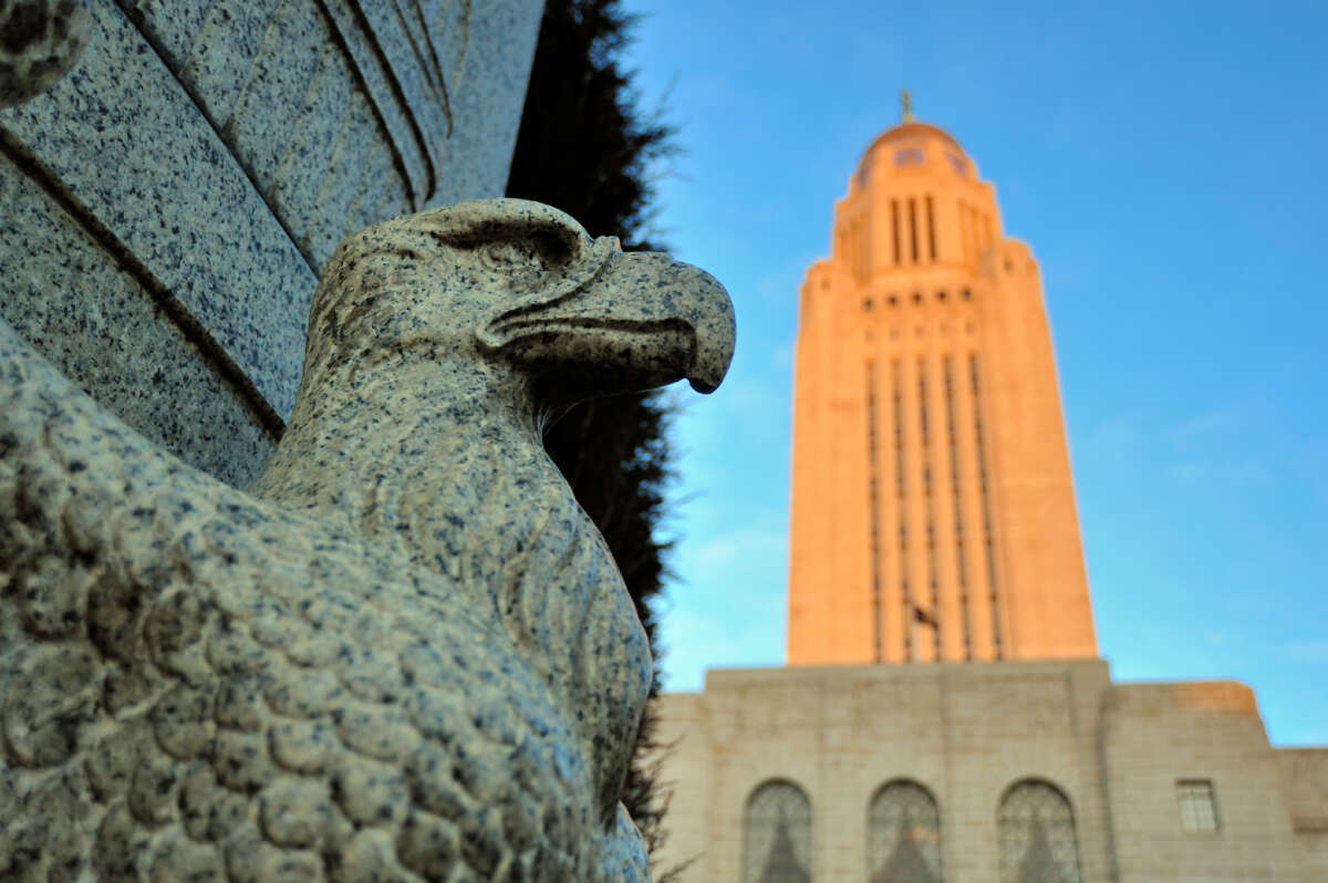 An eagle statue is pictured outside the state capitol in Lincoln, Nebraska.