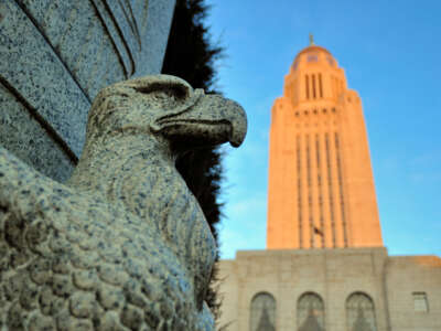 An eagle statue is pictured outside the state capitol in Lincoln, Nebraska.