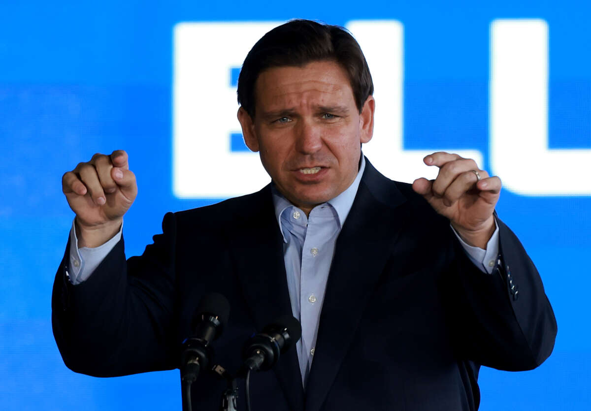 Florida Gov. Ron DeSantis speaks during an event at the Orange County Choppers Road House & Museum on March 8, 2023, in Pinellas Park, Florida.