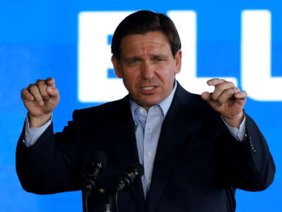 Florida Gov. Ron DeSantis speaks during an event at the Orange County Choppers Road House & Museum on March 8, 2023, in Pinellas Park, Florida.
