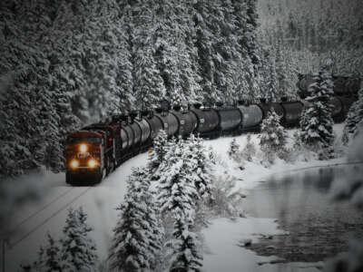 A Canadian Pacific railway locomotive and cars seen near Lake Louise in Banff National Park, Alberta, Canada on November 26, 2021.