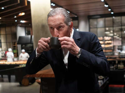 CEO of Starbucks Howard Schultz drinks an espresso he made at Starbucks Reserve on the first floor of Starbucks Headquarters on Investor Day in Seattle, Washington, on September 13, 2022.