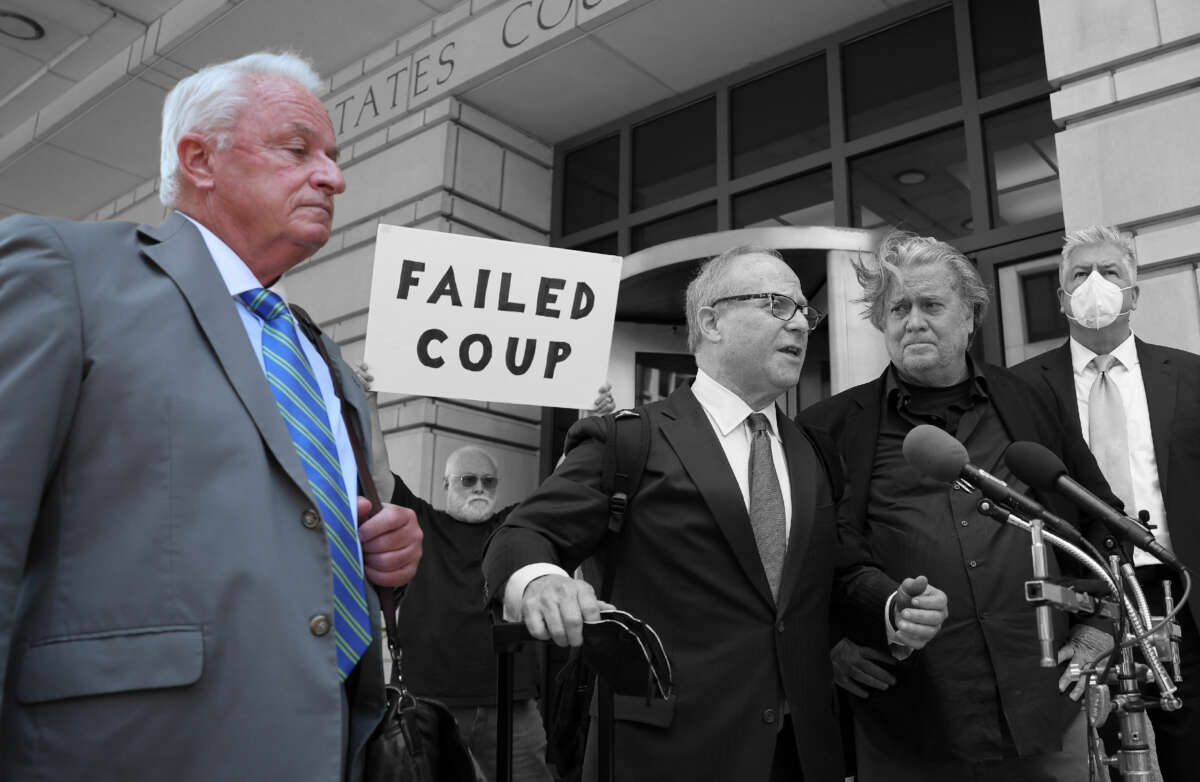 Robert J. Costello (left), lawyer to Steve Bannon (2nd from right) and Rudy Giuliani, appears outside the E. Barrett Prettyman U.S. Courthouse on June 15, 2022, in Washington, D.C.