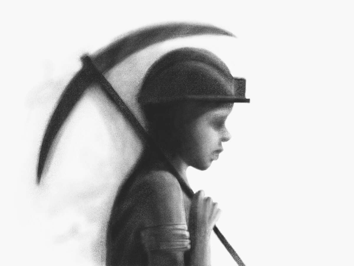 A charcoal illustration of a sad child wearing a miner's hat and carrying a pickaxe