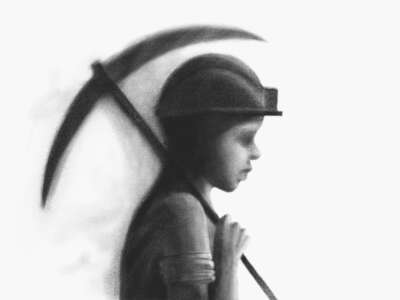 A charcoal illustration of a sad child wearing a miner's hat and carrying a pickaxe