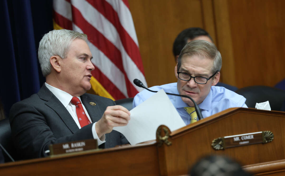 Rep. James Comer (left) and Rep. Jim Jordan participate in a meeting of the House Oversight and Reform Committee in the Rayburn House Office Building on January 31, 2023, in Washington, D.C.