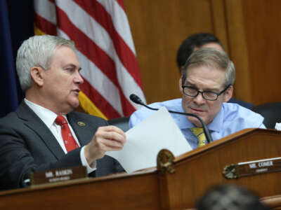 Rep. James Comer (left) and Rep. Jim Jordan participate in a meeting of the House Oversight and Reform Committee in the Rayburn House Office Building on January 31, 2023, in Washington, D.C.