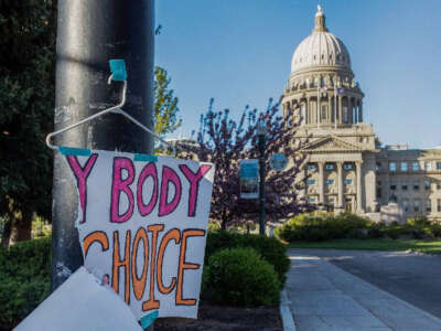 A sign taped to a hanger hangs near the Idaho Capitol in Boise after protests against the state's new abortion laws, which effectively banned the procedure, pictured on November 11, 2022.