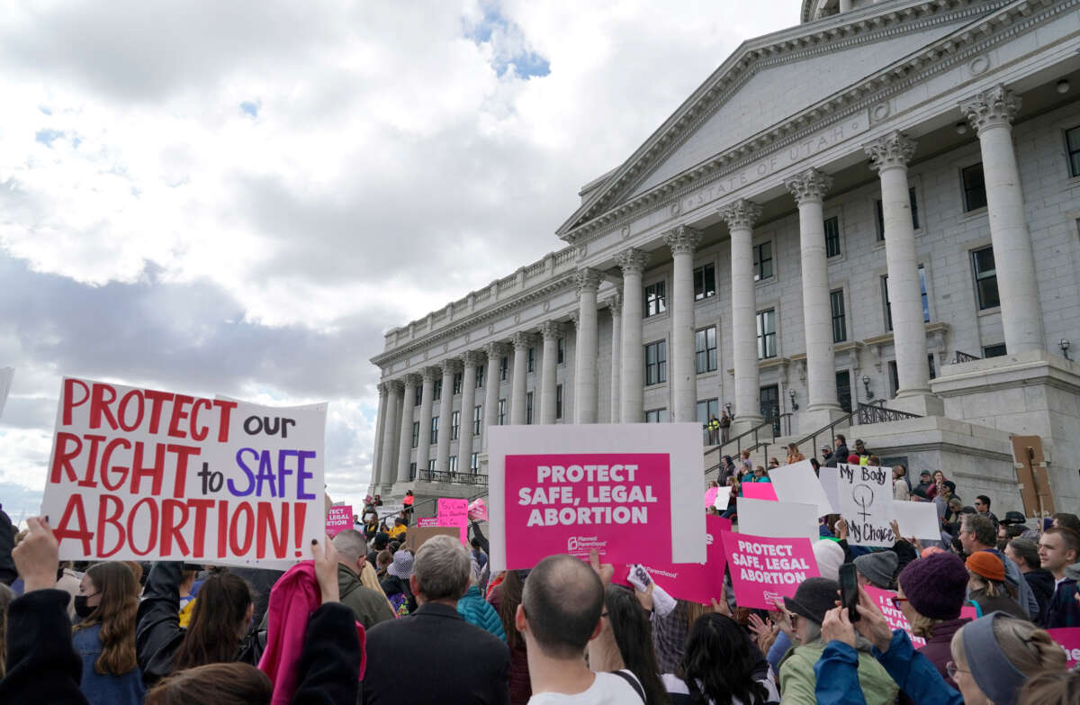 People gather at the state capitol to rally in support of abortion rights on May 3, 2022, in Salt Lake City, Utah.