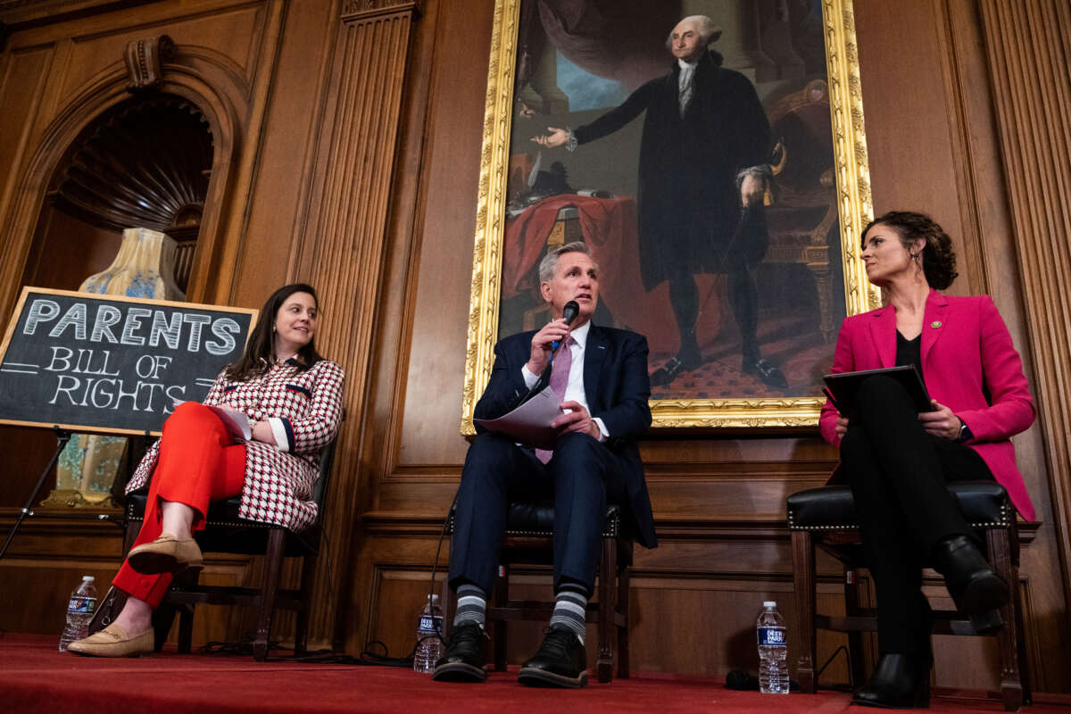 From left, House Republican Conference Chair Elise Stefanik, Speaker of the House Kevin McCarthy and Rep. Julia Letlow conduct a discussion with parents and children on the Parents Bill of Rights Act, in the U.S. Capitol on March 1, 2023.