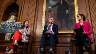 From left, House Republican Conference Chair Elise Stefanik, Speaker of the House Kevin McCarthy and Rep. Julia Letlow conduct a discussion with parents and children on the Parents Bill of Rights Act, in the U.S. Capitol on March 1, 2023.