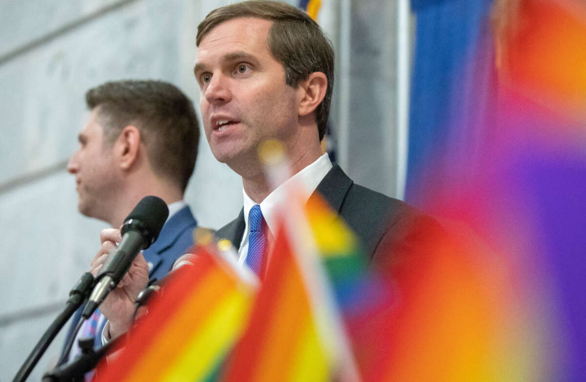 Kentucky Gov. Andy Beshear speaks during the statewide Fairness Rally at the Kentucky state Capitol in Frankfort, Kentucky, on February 19, 2020.