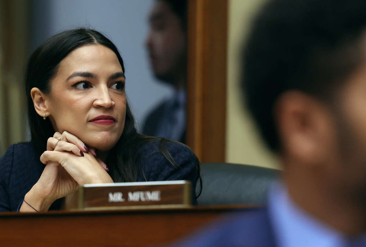 Rep. Alexandria Ocasio-Cortez participates in a meeting of the House Oversight and Reform Committee in the Rayburn House Office Building on January 31, 2023, in Washington, D.C.