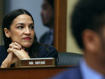 Rep. Alexandria Ocasio-Cortez participates in a meeting of the House Oversight and Reform Committee in the Rayburn House Office Building on January 31, 2023, in Washington, D.C.