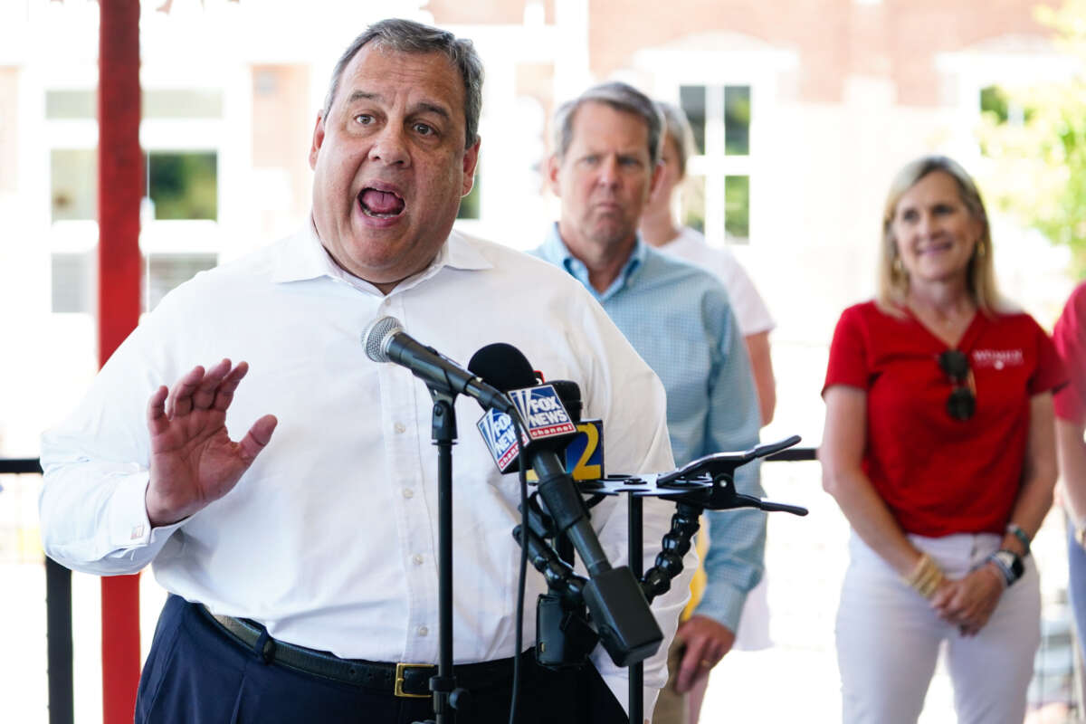 Former New Jersey Gov. Chris Christie speaks at a campaign event for Gov. Brian Kemp on May 17, 2022, in Canton, Georgia.