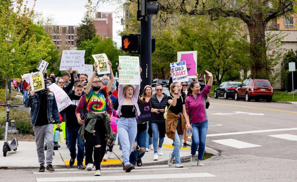 Protesters in support of reproductive rights rally on June 27, 2022, in Boise, Idaho.