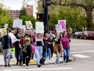 Protesters in support of reproductive rights rally on June 27, 2022, in Boise, Idaho.