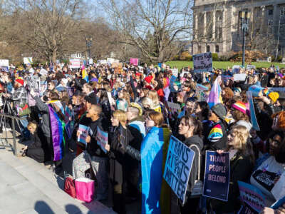 Teens from various areas of Kentucky gather in front of the Kentucky Capitol Annex building on March 29, 2023, to protest against SB150, which would ban gender-affirming health care for transgender teens.