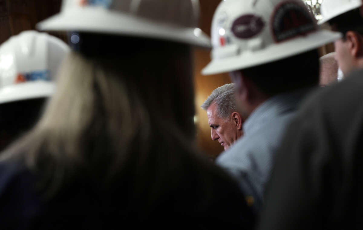 U.S. Speaker of the House Rep. Kevin McCarthy, joined by energy workers from Encino Energy company, speaks to members of the press during a news conference after the vote for H.R.1 at the U.S. Capitol on March 30, 2023, in Washington, D.C.