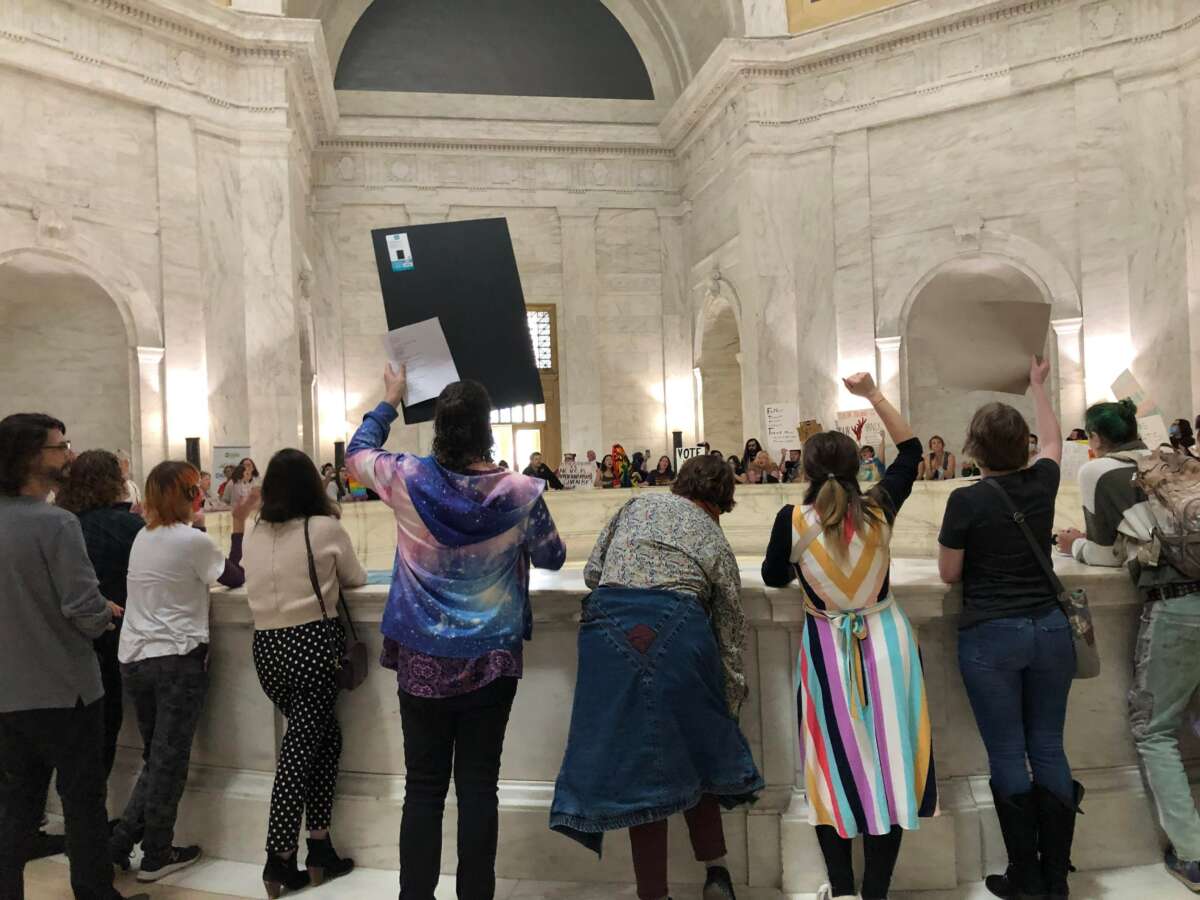 Advocates for transgender rights pack the West Virginia state capitol in Charleston, West Virginia, on March 9, 2023.
