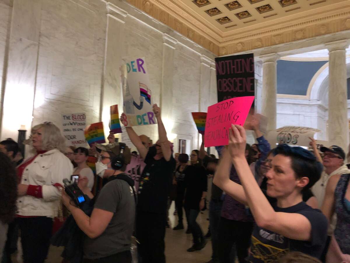 Advocates for transgender rights pack the West Virginia state capitol in Charleston, West Virginia, on March 9, 2023.