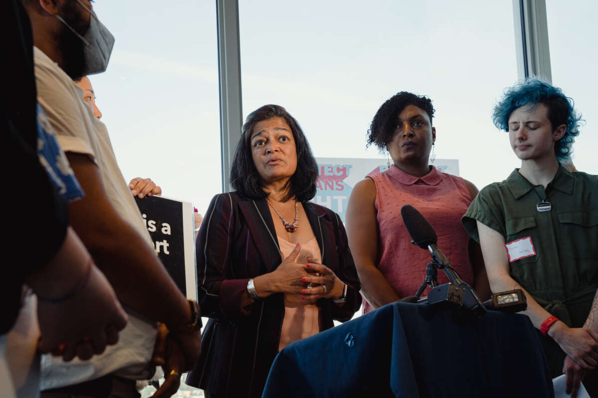 Rep. Pramila Jayapal (D) holds a press conference with local transgender rights advocates to celebrate the introduction of the Trans Bill of Rights, which offers a framework for protecting the rights of transgender and non-binary people, on August 15, 2022, in downtown Seattle, Washington.