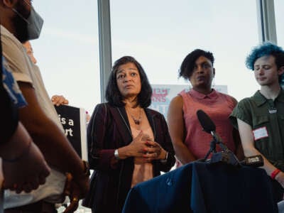 Rep. Pramila Jayapal (D) holds a press conference with local transgender rights advocates to celebrate the introduction of the Trans Bill of Rights, which offers a framework for protecting the rights of transgender and non-binary people, on August 15, 2022, in downtown Seattle, Washington.