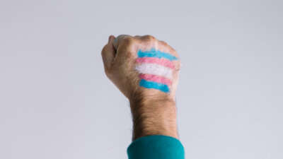 A raised, clenched fist is pictured with a trans flag painted on it.