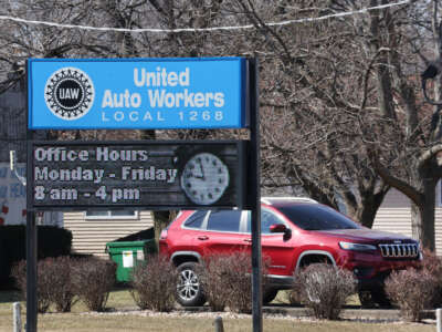 A jeep Cherokee sits in front of the United Auto Workers union hall on February 28, 2023 in Belvidere, Illinois.