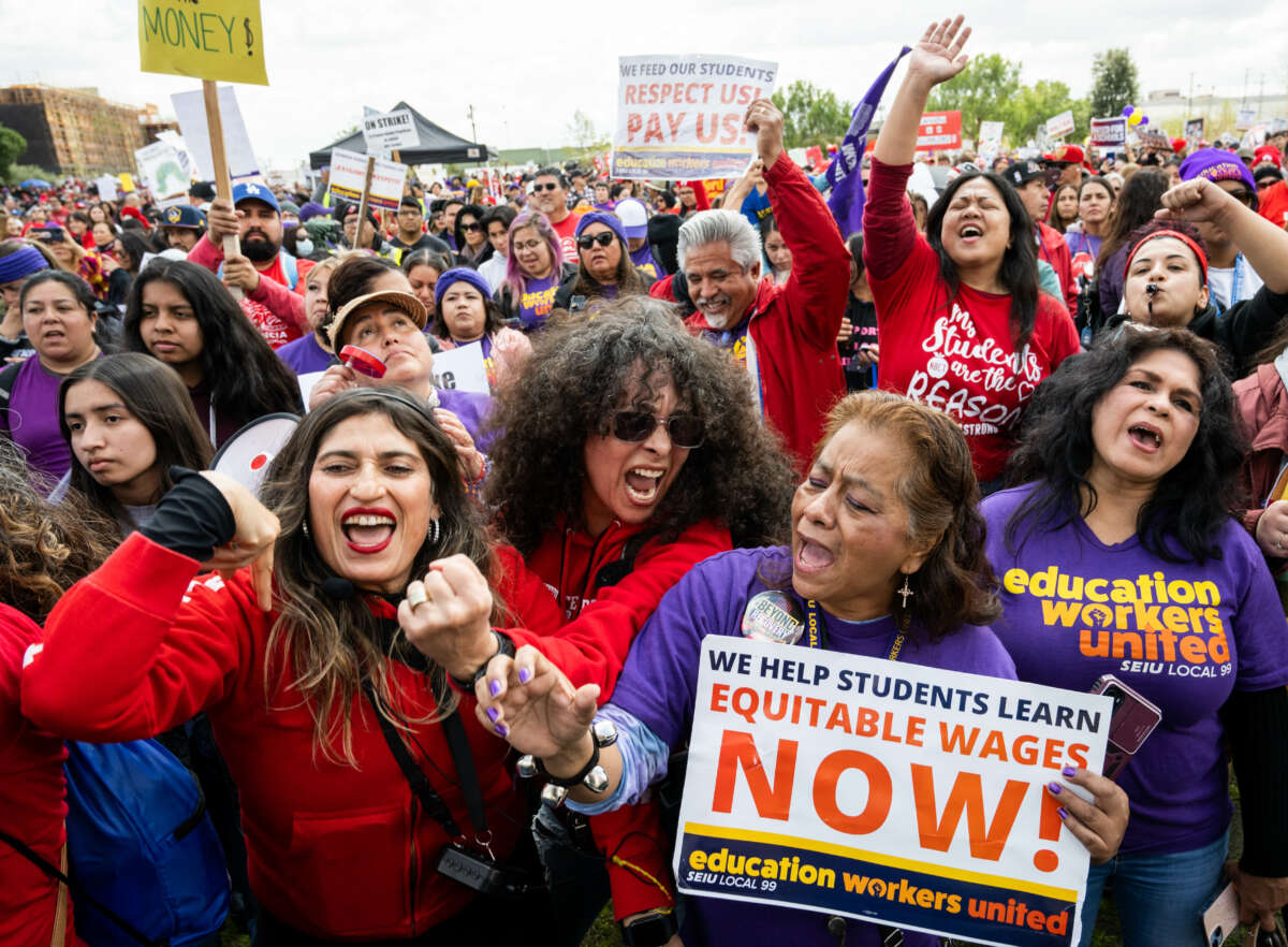 Los Angeles Unified School District teachers join school aids in their fight for better wages at LA State Historic Park in downtown Los Angeles during the SEIU/UTLA strike on Thursday, March 23, 2023.