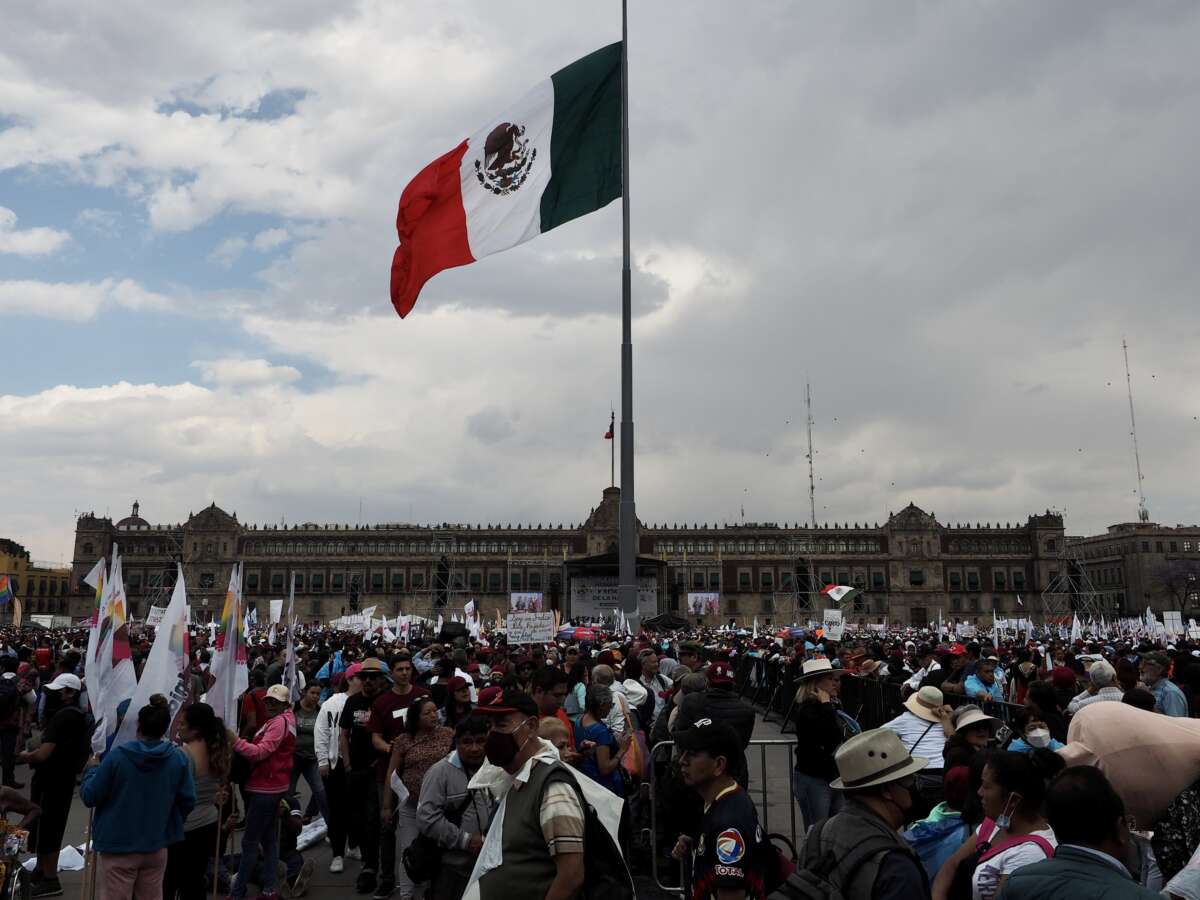 Sympathizers of Mexico’s Andrés Manuel López Obrador, waiting for President Andrés Manuel López Obrador’s speech, fill the Zócalo in the country’s capital, part of an estimated 500,000 who turned out in a public show of support for the president and his policies, March 18, 2023.